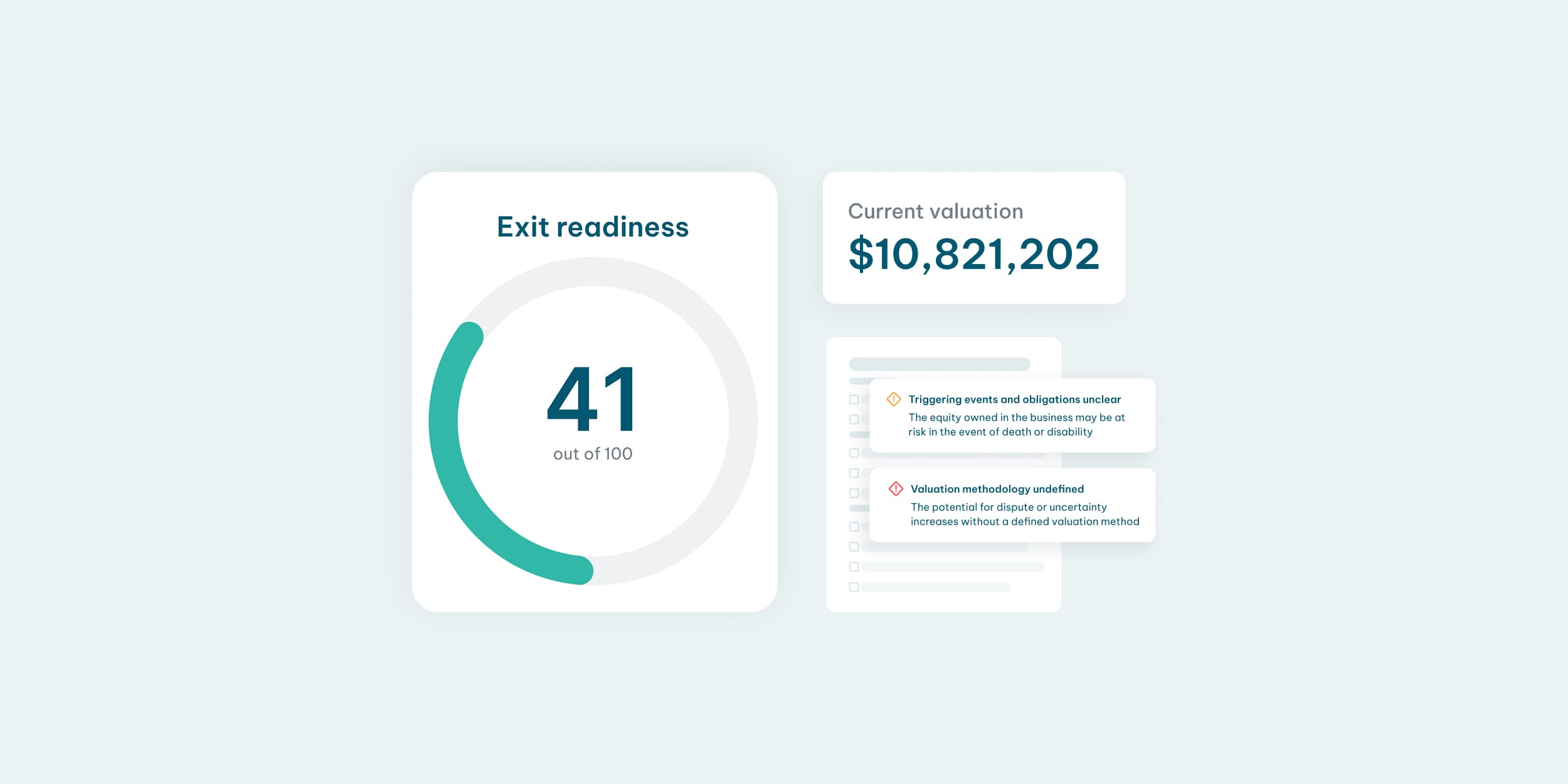 Exit readiness score, business valuation, and risk insights